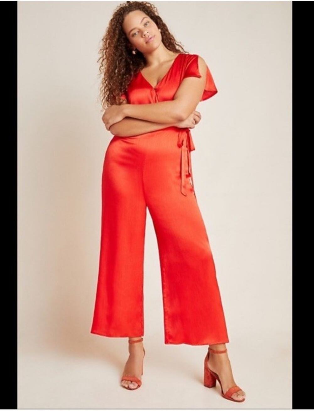 Anthropologie Maquelle Red Satin Short Sleeve Wide Leg Jumpsuit NEW Womes Medium